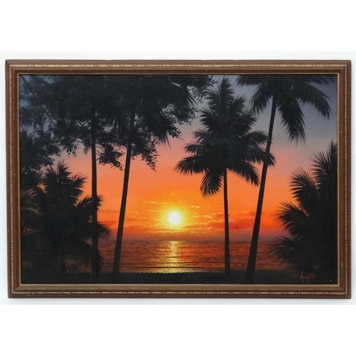 114 - B Agapito  XX Caribbean School, Oil on canvas, Setting sun across sea through trees, Signed lower ri... 