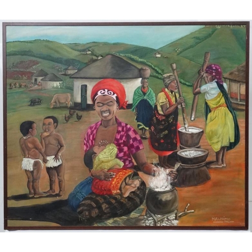 117 - *Moleleki Frank Ledimo  (1962) South Africa, Oil on canvas, Africa Village with natives , some pound... 