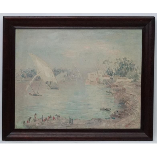 120 - Arthur Holm (1890-1946) German, Oil on canvas, ' The Nile, Miadi '  ( Maadi ) Egypt,  Signed lower r... 