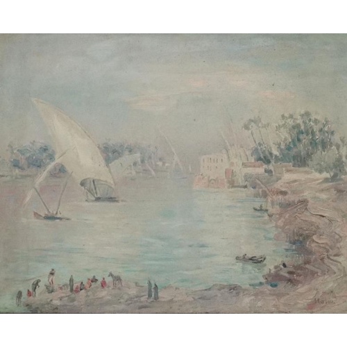 120 - Arthur Holm (1890-1946) German, Oil on canvas, ' The Nile, Miadi '  ( Maadi ) Egypt,  Signed lower r... 