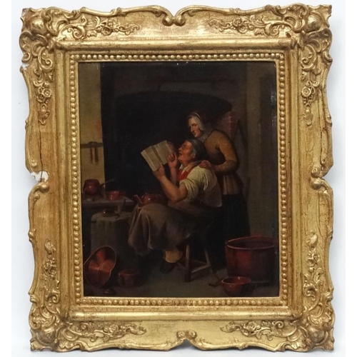 182 - Early XIX English School, Oil on tin, Metal worker in an interior with wife, Old label verso. 12 1/2... 