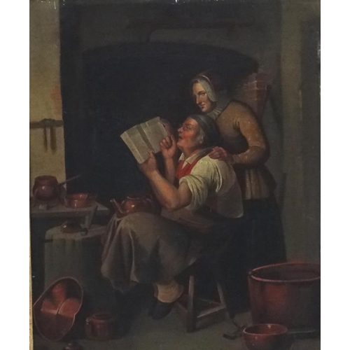 182 - Early XIX English School, Oil on tin, Metal worker in an interior with wife, Old label verso. 12 1/2... 