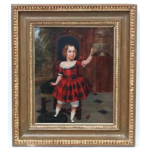 185 - Victorian Scottish School, Oil on board, A tartan wearing child offers a flowering sprig to a caged ... 