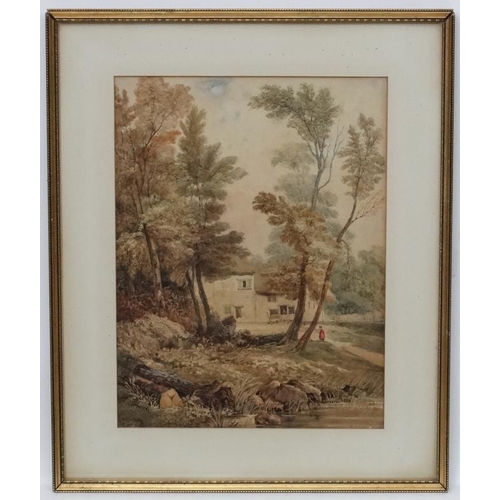 186 - C. Wheeler early XIX English School Watercolour Figure by a cottage in a wooded landscape Signed low... 