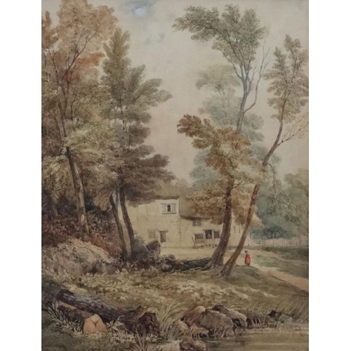 186 - C. Wheeler early XIX English School Watercolour Figure by a cottage in a wooded landscape Signed low... 