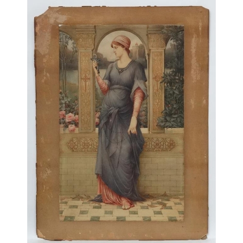 189 - J S Keatley XIX-XX Pre-Raphaelite , Watercolour, Figure stood looking at the Crucifix in her hand , ... 