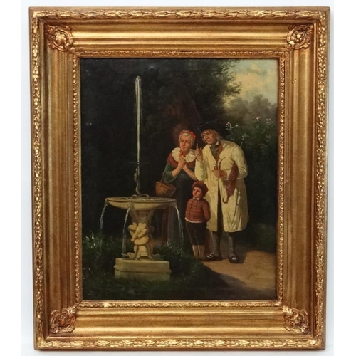 194 - J Kaly XIX , Oil on canvas Explaining the wonder of the water fountain whilst smoking a pipe, Signed... 