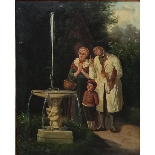 194 - J Kaly XIX , Oil on canvas Explaining the wonder of the water fountain whilst smoking a pipe, Signed... 