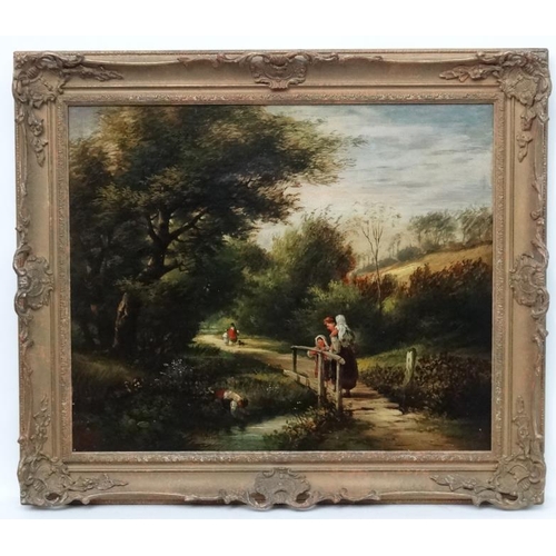 196 - Charles L. Shaw ( act. 1880-1898), Oil on canvas, Woodland scene with peasant family on a bridge, Si... 