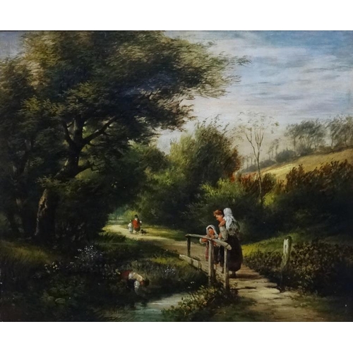 196 - Charles L. Shaw ( act. 1880-1898), Oil on canvas, Woodland scene with peasant family on a bridge, Si... 