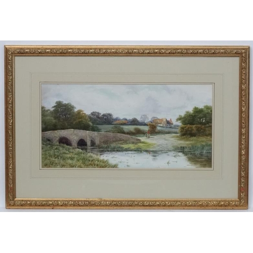 198 - George Oysten RI (1861-1937), Watercolour, Rural river landscape with figures on a bridge, Signed lo... 