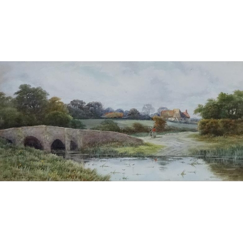 198 - George Oysten RI (1861-1937), Watercolour, Rural river landscape with figures on a bridge, Signed lo... 