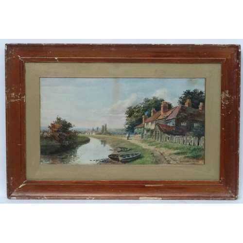 202 - Margaret Smith British XIX-XX, Watercolour, River landscape with figures by cottages, Signed lower r... 