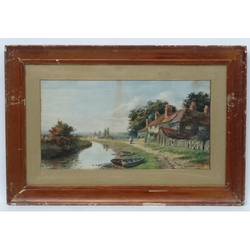 202 - Margaret Smith British XIX-XX, Watercolour, River landscape with figures by cottages, Signed lower r... 