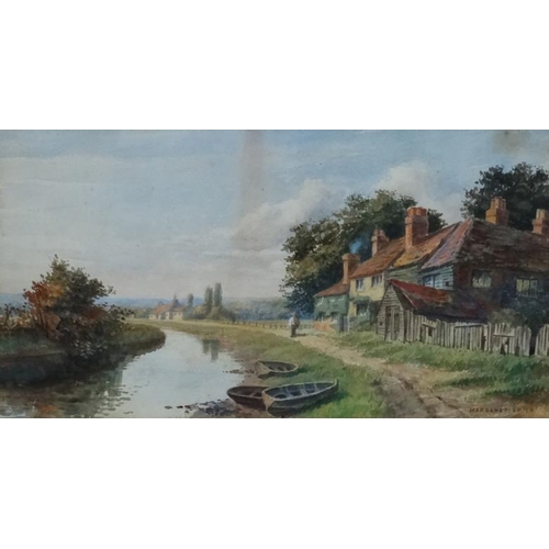 202 - Margaret Smith British XIX-XX, Watercolour, River landscape with figures by cottages, Signed lower r... 