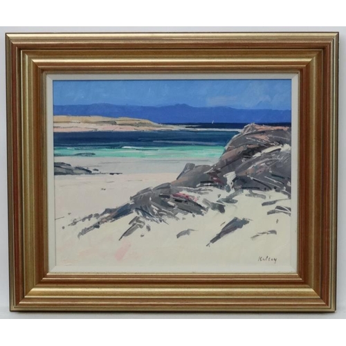 203 - Robert Kelsey (1949) PAI Scottish , Oil on canvas, ' Sea Pinks , Iona ', Signed lower right and bear... 