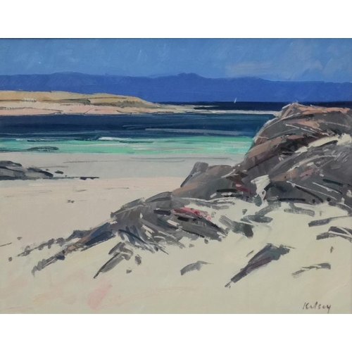 203 - Robert Kelsey (1949) PAI Scottish , Oil on canvas, ' Sea Pinks , Iona ', Signed lower right and bear... 