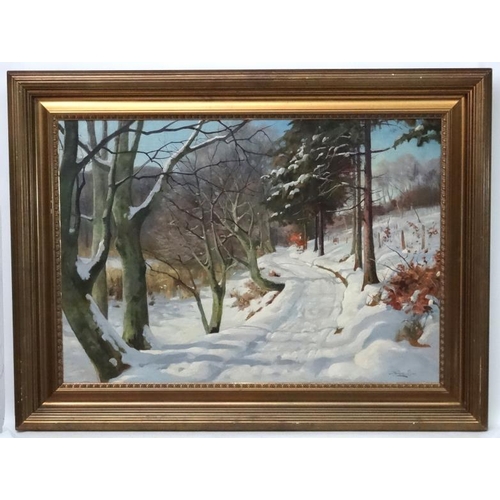 206 - Harald Julius Niels Pryn (1891-1968) Danish, Oil on canvas, The Snow laden track through the woods, ... 