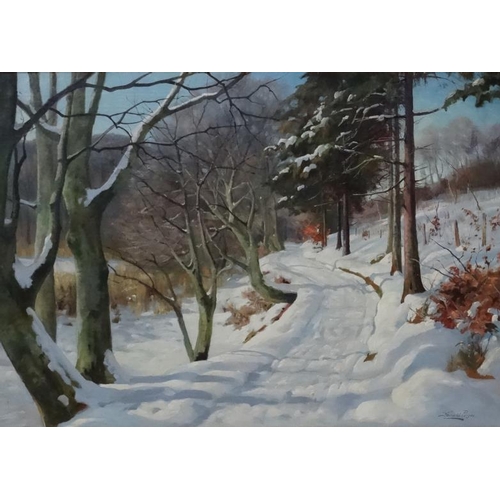 206 - Harald Julius Niels Pryn (1891-1968) Danish, Oil on canvas, The Snow laden track through the woods, ... 