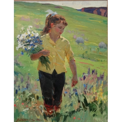 22 - Chatalin Viktor Vasilievitch (1926-2003), Russian School,  Oil on canvas, ''Picking flowers'', Young... 