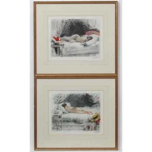 237 - Antoine Calbet (1860-1944), Signed Coloured lithograph , a pair(2), Nude figures reclining on a bed,... 