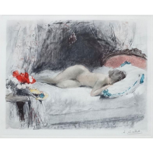 237 - Antoine Calbet (1860-1944), Signed Coloured lithograph , a pair(2), Nude figures reclining on a bed,... 