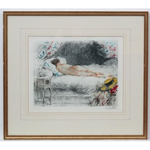 237 - Antoine Calbet (1860-1944), Signed Coloured lithograph , a pair(2), Nude figures reclining on a bed,... 