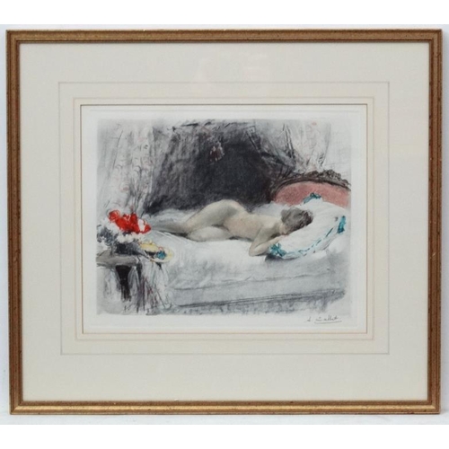 237 - Antoine Calbet (1860-1944), Signed Coloured lithograph , a pair(2), Nude figures reclining on a bed,... 