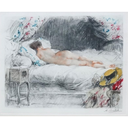 237 - Antoine Calbet (1860-1944), Signed Coloured lithograph , a pair(2), Nude figures reclining on a bed,... 