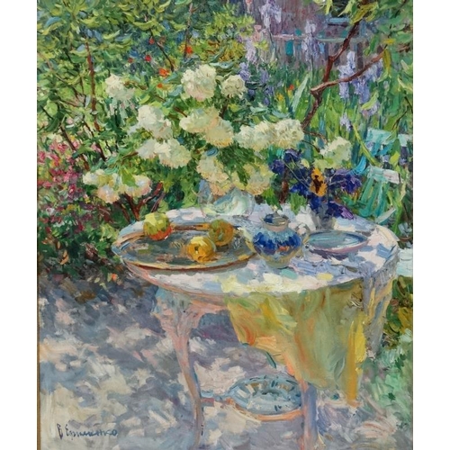 47 - Efimenko Viktor Romanovich (b.1952), Russian School Oil on canvas, ''Corner of the garden'' Table an... 