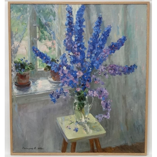 49 - Saikina Alexandra Vasilievna (b.1925), Russian School.  Oil on canvas,  ''Delphiniums'', Still life,... 