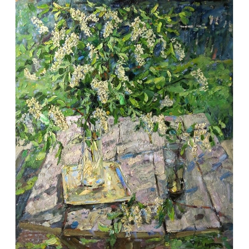 60 - Moroz Georgi Moiseevich (b.1937), Russian School. Oil on cardboard, ''Still life with blossom branch... 