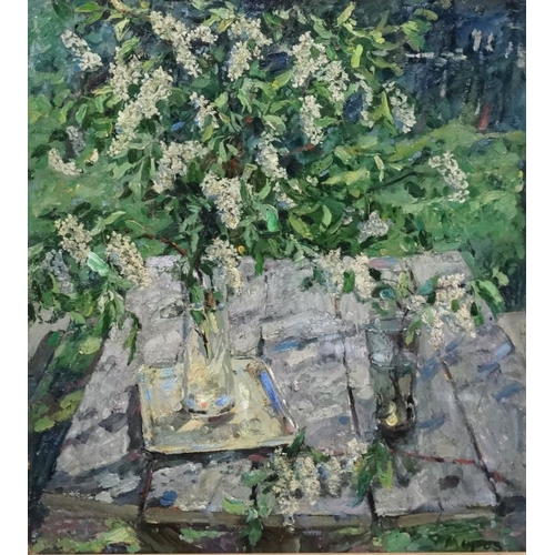 60 - Moroz Georgi Moiseevich (b.1937), Russian School. Oil on cardboard, ''Still life with blossom branch... 