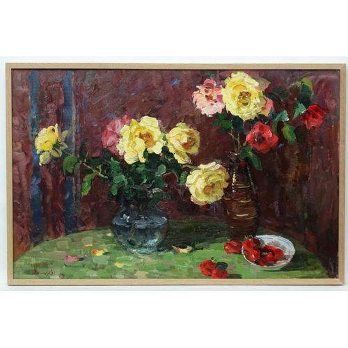 61 - Khalzev Nikolai Ivanovich (1923-2005), Russian School. Oil on cardboard, ''Still life with yellow pe... 