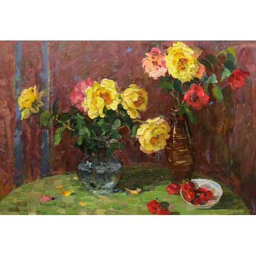 61 - Khalzev Nikolai Ivanovich (1923-2005), Russian School. Oil on cardboard, ''Still life with yellow pe... 