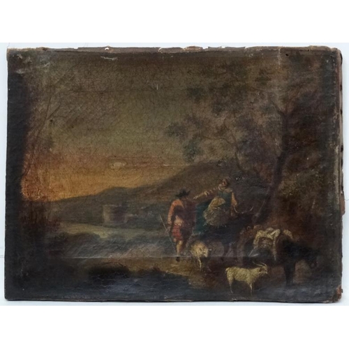 63 - XVIII Continental Romantic School, Oil on canvas, Figures on a track with Goat ,Ox , Sheep and laden... 