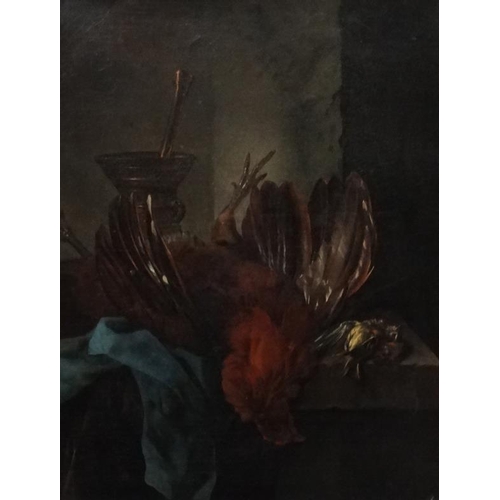 66 - Indistinctly signed XVIII Continental School, Oil on canvas, probably Dutch, Still life of a game bi... 