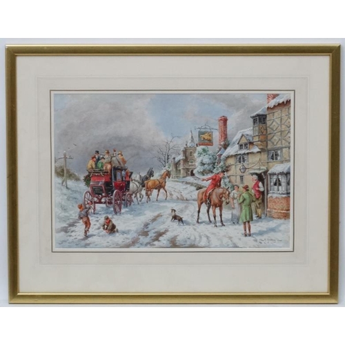 67 - Henry Murray (a. 1850-1860), Watercolour, The Bristol ,Bath -London Stagecoach and horses in the sno... 