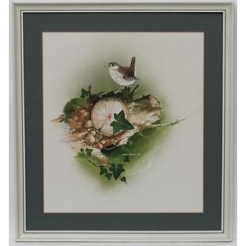 68 - Robert J Coppillie (1951-?) Wildlife , Watercolour, A Wren singing whilst stood on a log, Signed and... 