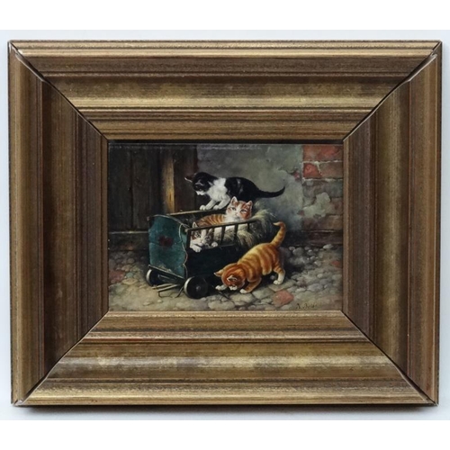 69 - Karen Beil XX-XXI, Oil on board, Cat kittens laying on a straw filled manger, Signed lower right. 6 ... 