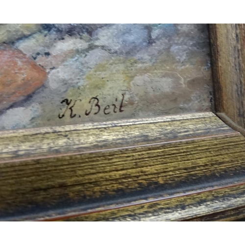 69 - Karen Beil XX-XXI, Oil on board, Cat kittens laying on a straw filled manger, Signed lower right. 6 ... 