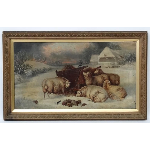 75 - R S Mott (Fl 1871 - 1881),  Oil on canvas,  Sheep in the snow eating hay from a feeder,  Signed and ... 