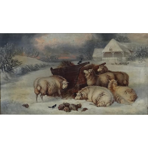 75 - R S Mott (Fl 1871 - 1881),  Oil on canvas,  Sheep in the snow eating hay from a feeder,  Signed and ... 