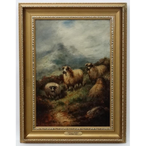 76 - John W. Morris ( a.1865-1898) British, Oil on canvas, Highland horned sheep on a mountain,  Signed l... 