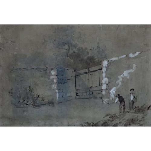 78 - Late XVIII-XIX, Pen ink gouache and watercolour, Figures fishing by a high wall and gate. 8 34/4 x 1... 