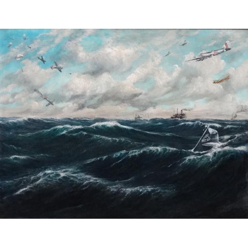 82 - Hubert Barrett 1940 War Propaganda, Oil on canvas, Enemy Down , WWII  Aerial Dog fight over a shippi... 