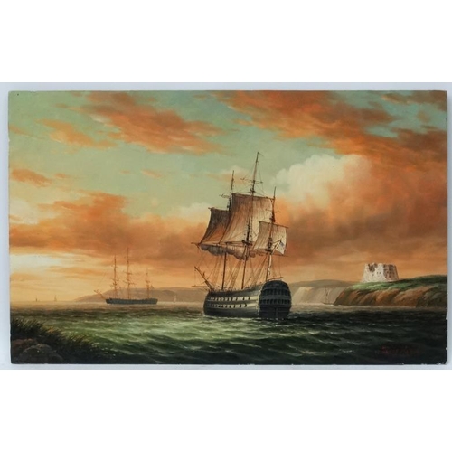 85 - James Hardy XX Marine School, Oil on board, American warships at sea with nearby castle and cliffs, ... 