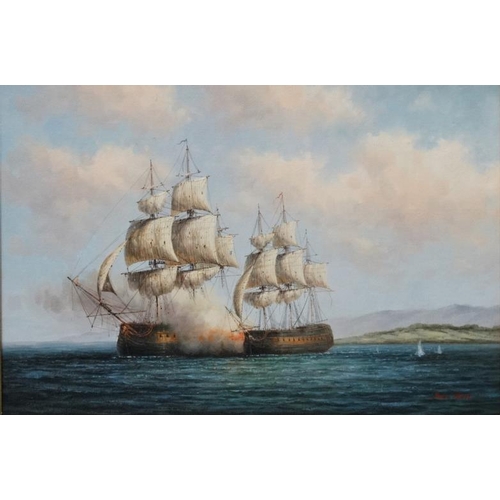 86 - James Hardy XX Marine School, Canvas laid on board, A Naval sea battle with ships along side firing ... 