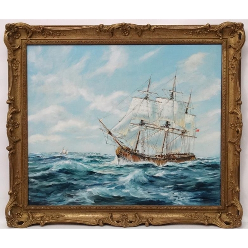 87 - Ian Lowe XX Marine School, Oil on Canvas, English sail ships in rough sea off coast, Signed and date... 