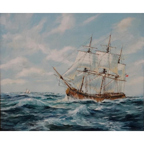 87 - Ian Lowe XX Marine School, Oil on Canvas, English sail ships in rough sea off coast, Signed and date... 